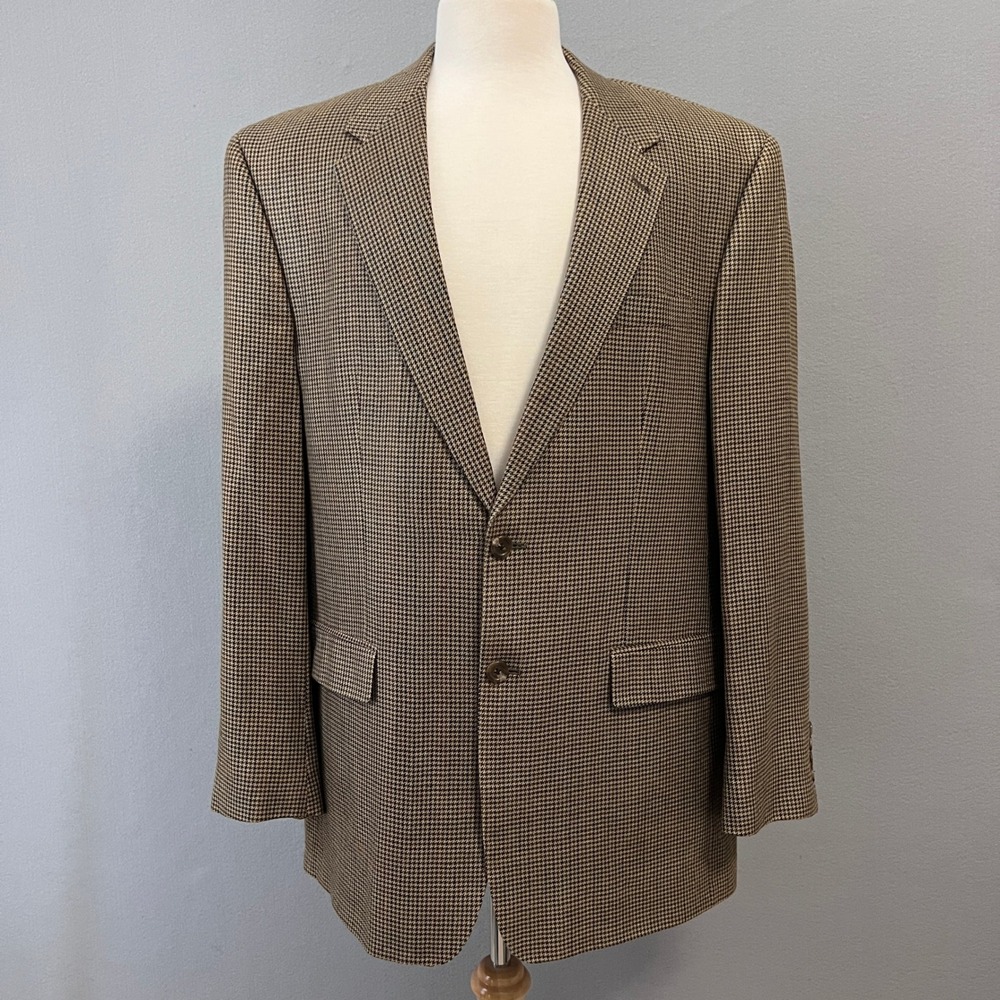Chaps Sport Coat Men 44L Brown Houndstooth 100% Silk Blazer Luxury Professional